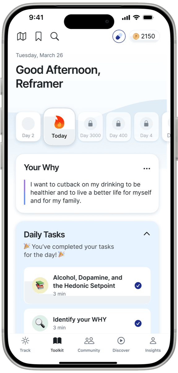 The Reframe app's home screen